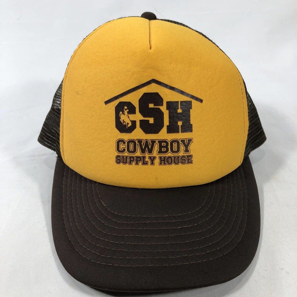 VINTAGE COWBOY SUPPLY HOUSE TRUCKER HAT CAP ADJUSTABLE YELLOW BROWN SNAPBACK OSF